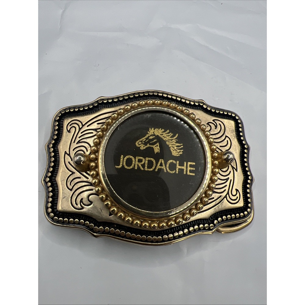 Vintage Jordache Western Belt Buckle Horse Head Logo Black Gold Silver Tone 80s